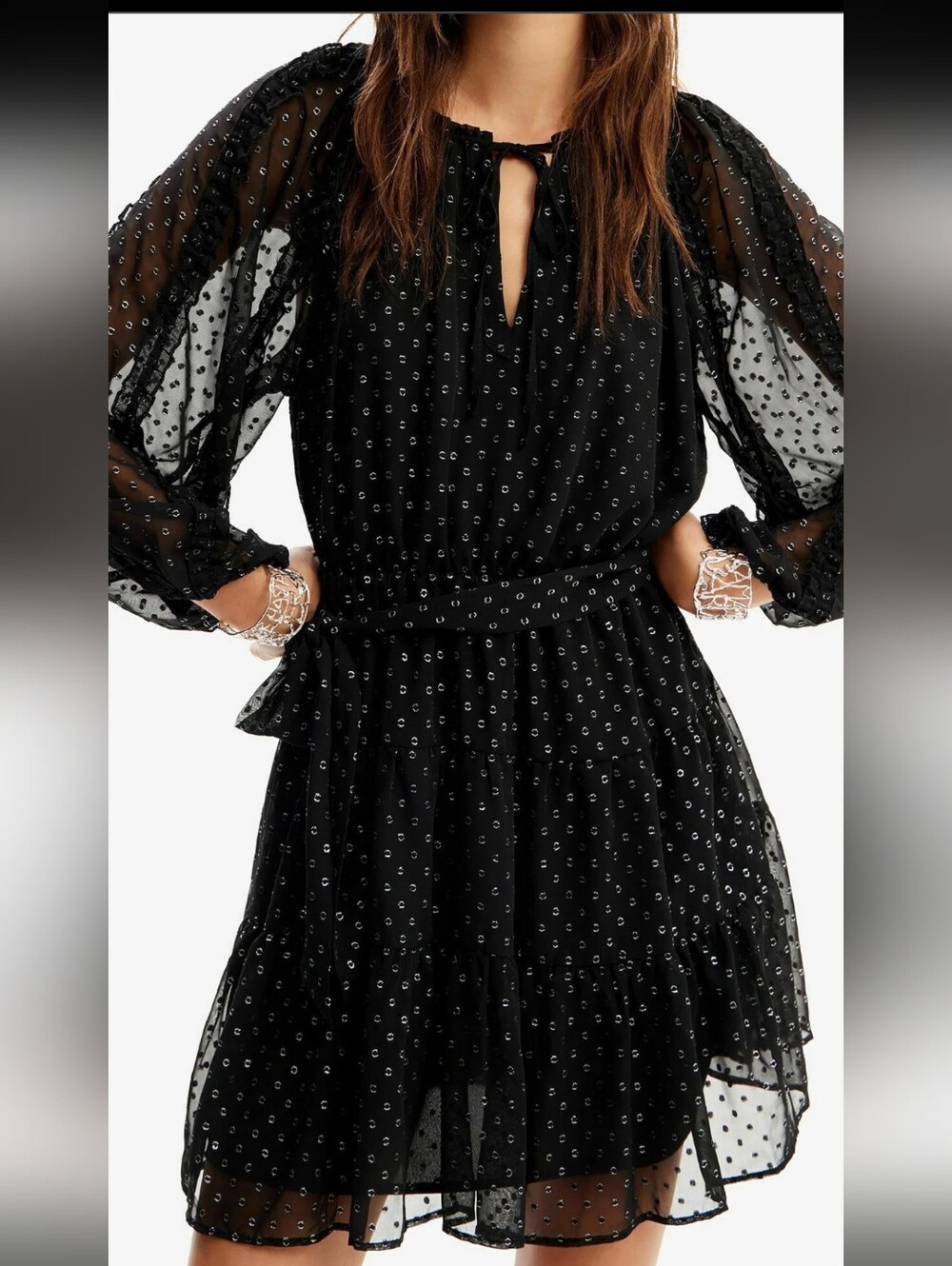 DESIGUAL Women Mini Dress Polka Dot Black Silver Size XL Long Sleeve Holiday - Picture 4 of 16